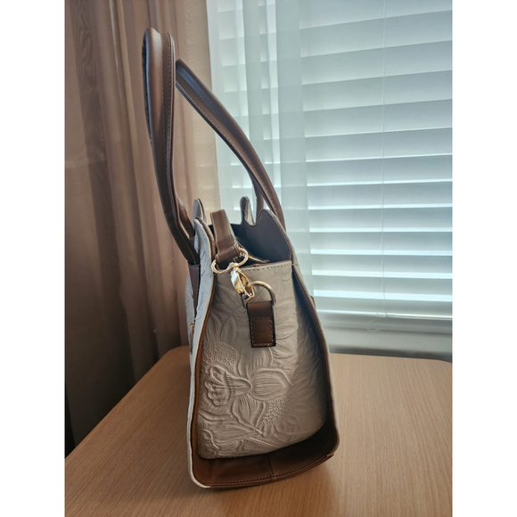 Light Beige Sunflower Embossed Tooled Artisan LEATHER Hobo Bag Purse Bolsa - Picture 10 of 14